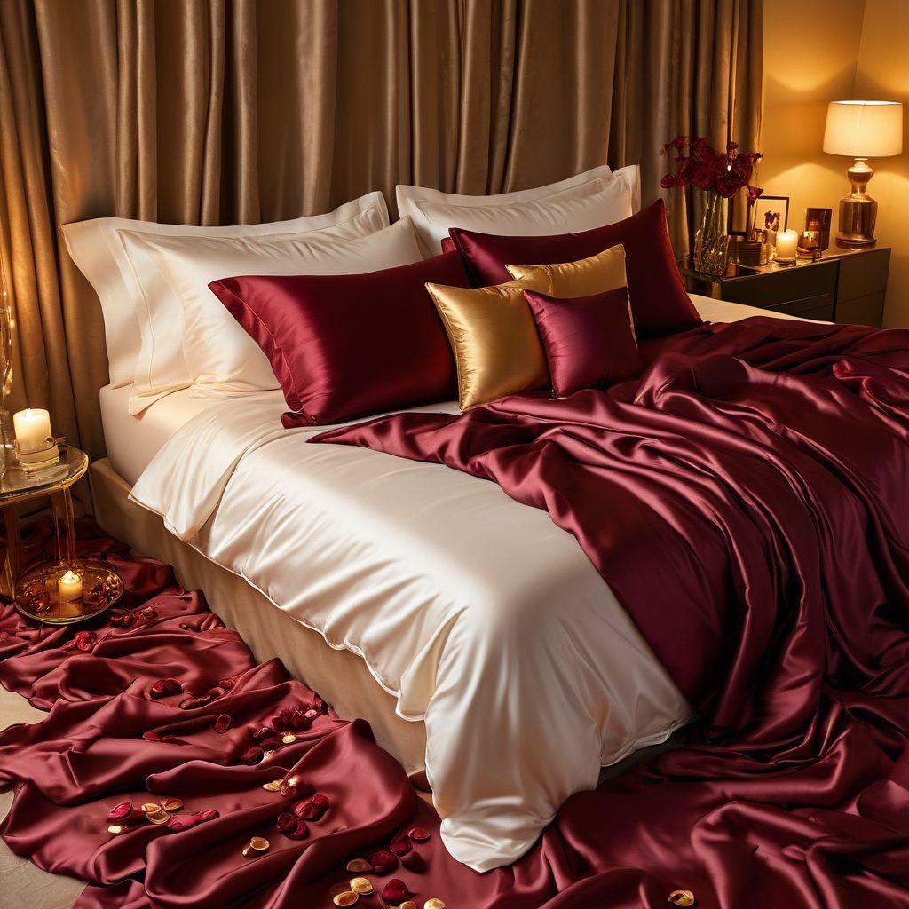 A warm, inviting bedroom scene featuring soft lighting and plush fabrics, with intertwined bodies symbolizing connection and intimacy. Delicate elements like candles, rose petals, and a glass of red wine create a romantic atmosphere. A subtle flow of silk sheets conveys sensuality and desire, inviting the viewer to explore the nuances of pleasure. The color palette should be rich and soothing, emphasizing reds, purples, and golds. super-realistic. warm colors. romantic ambiance.