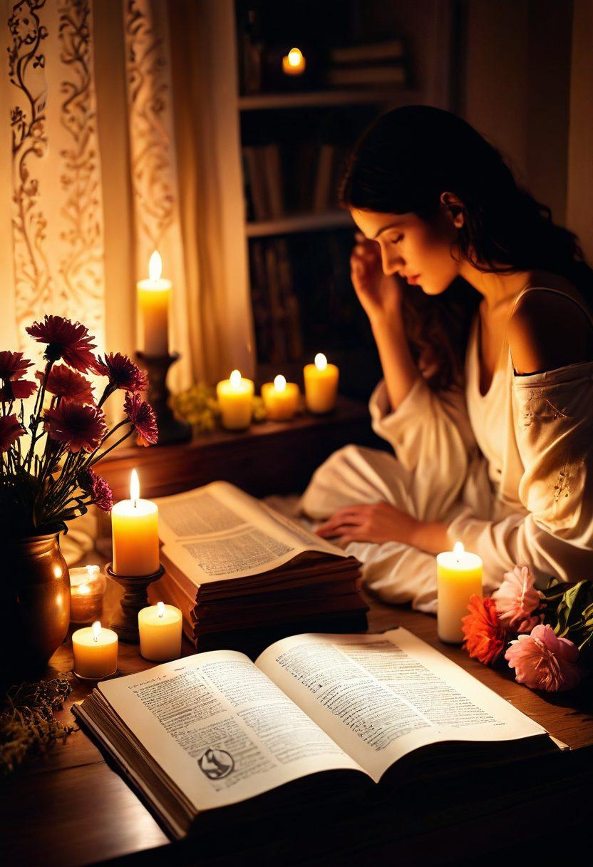 A warm, inviting bedroom scene with soft diffused lighting, showcasing an open book with mystical symbols on its pages, surrounded by candles and flowers. In the background, a silhouette of two figures in a tender embrace symbolizes intimacy and connection. The atmosphere should evoke a sense of empowerment and exploration in adult relationships. soft focus. vibrant colors. cozy setting.