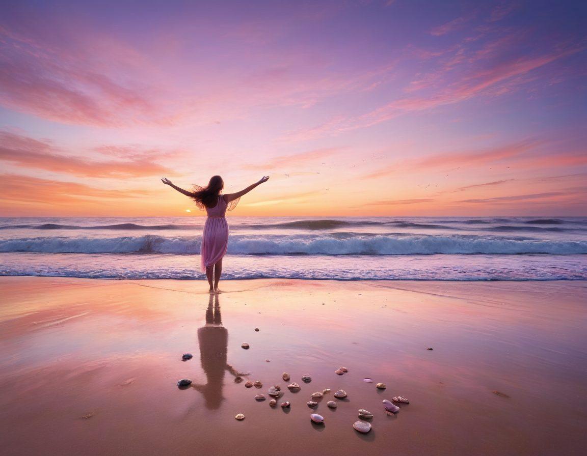 A serene and inviting scene by a tranquil ocean, featuring a silhouette of a person joyfully embracing the waves. Soft pastel colors blend together in the sunset, creating a romantic and soothing atmosphere. Elements like delicate seashells scattered on the shore and gentle waves lapping against the sand enhance the theme of exploration and sensuality. Incorporate ethereal lighting to evoke a sense of warmth and intimacy. super-realistic. vibrant colors. dreamy atmosphere.